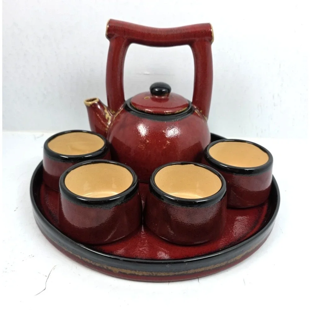Vtg Pier 1‎ Shanghai Teapot Set 7 piece Earthenware Reddish Brown Black Tan